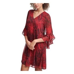 Calvin Klein Womens Red Snakeskin V-Neck Bell Sleeve Shift Dress Size 8